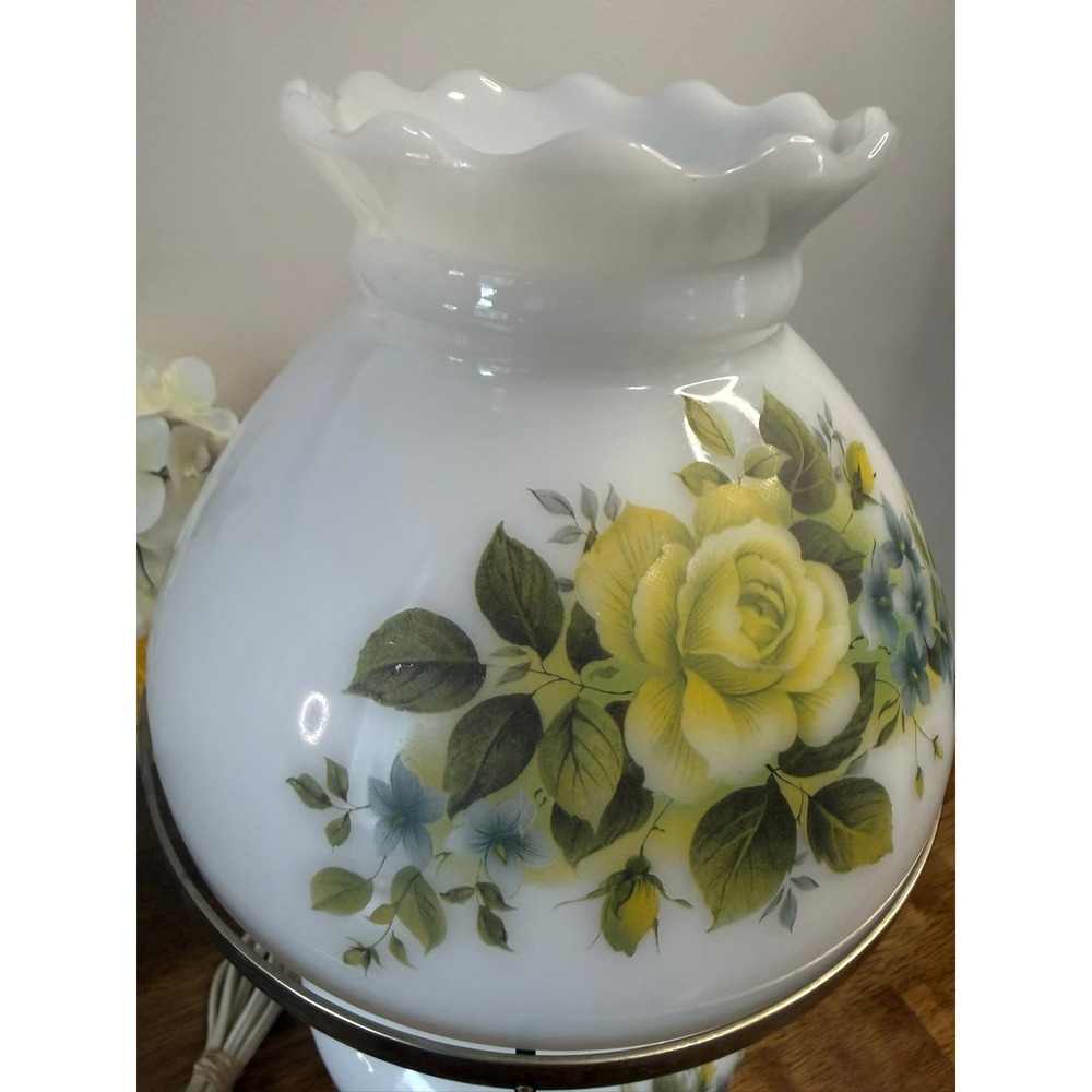Vintage Milk Glass Floral Hurricane Table Lamp Yellow Roses Electric Light‎ Farm - Picture 6 of 9